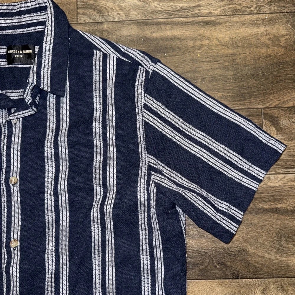 Hudson & Barrow Woven Button-Down Shirt Short Sleeve Men's Size L Navy Striped